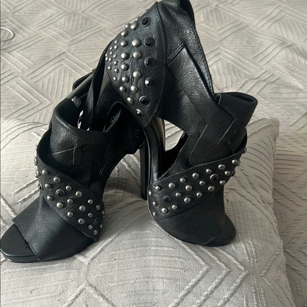 Luxury Rebel Black Studded Heels with Open-Toe Design